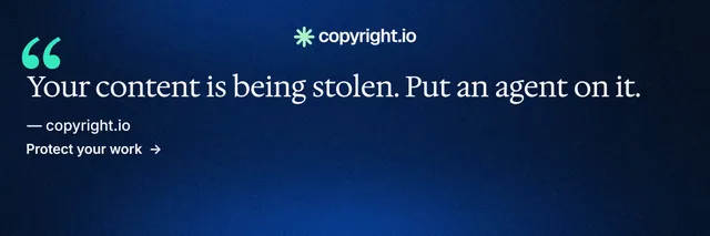 X header for copyright.io: "Find your reposted work." Minimal luxury style, quote layout, dark palette in blue, black.
