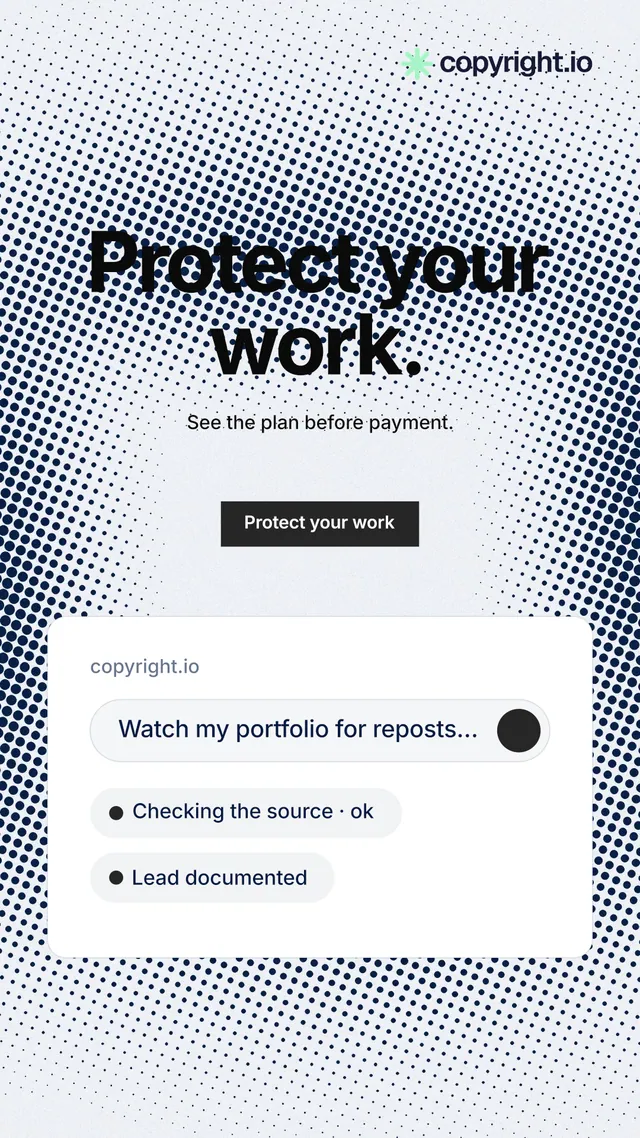 Instagram story for copyright.io: "Protect your work." Swiss style, centred layout, light palette in white, blue, grey.