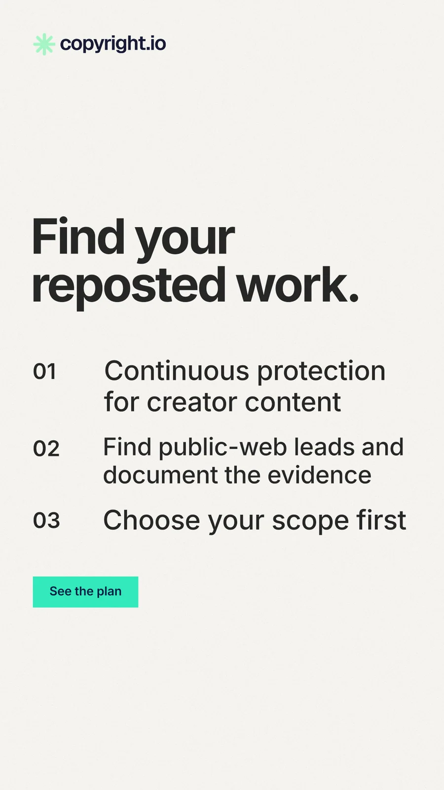 Instagram story for copyright.io: "Find your reposted work." Swiss style, numbered layout, light palette in white, grey.