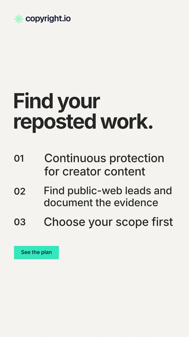 Instagram story for copyright.io: "Find your reposted work." Swiss style, numbered layout, light palette in white, grey.