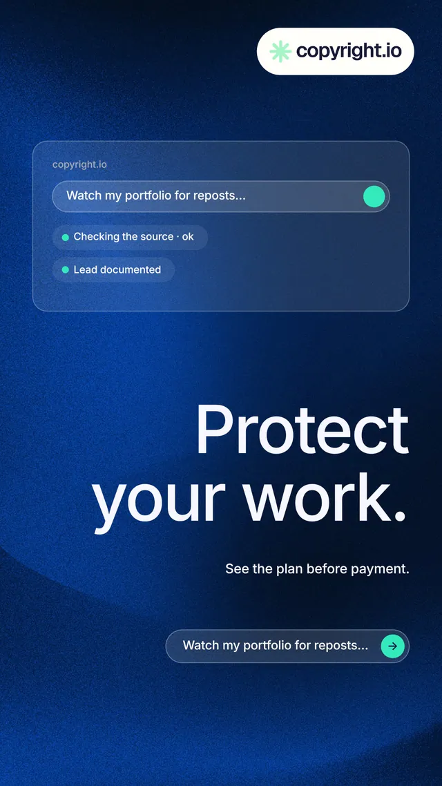 Instagram story for copyright.io: "Protect your work." Agentic glass style, right layout, dark palette in black, blue.