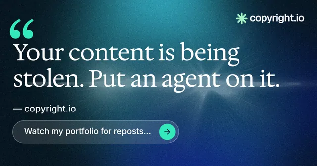 Social ad for copyright.io: "Your content is being stolen." Agentic glass style, quote layout, dark palette in blue, black, teal.