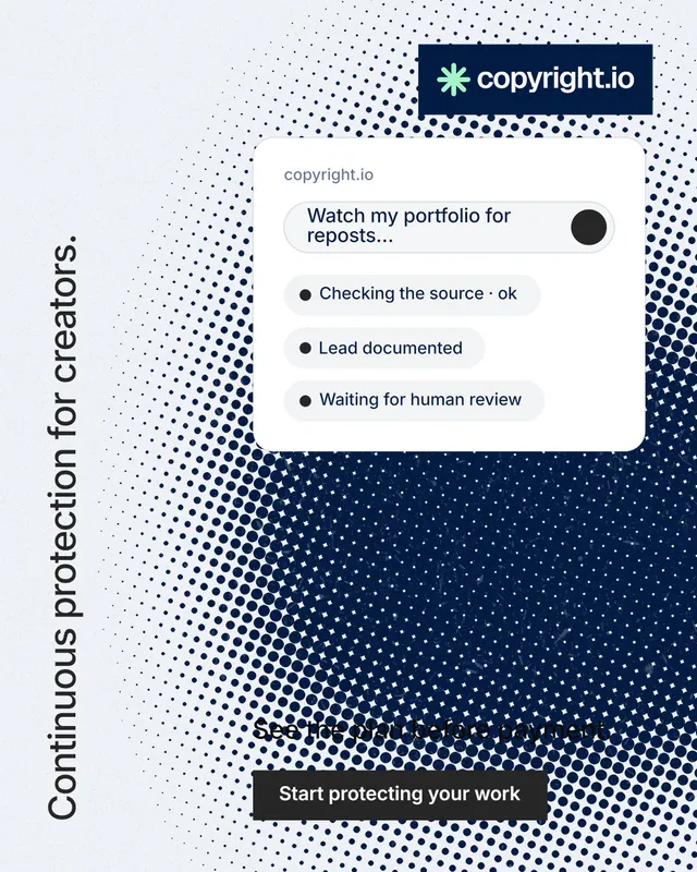 Instagram portrait post for copyright.io: "Continuous protection for creators." Swiss style, vertical layout, light palette in blue, white, grey.