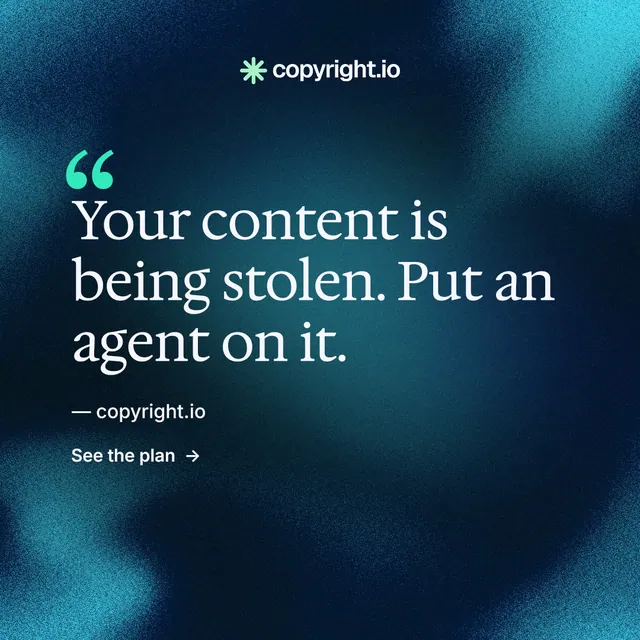 Instagram post for copyright.io: "Reposts don't remove themselves." Minimal luxury style, quote layout, dark palette in black, blue, teal.