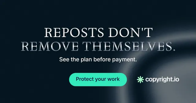 Social ad for copyright.io: "Reposts don't remove themselves." Y2K style, centred layout, dark palette in black, teal, blue.
