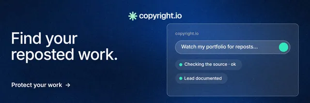 X header for copyright.io: "Find your reposted work." Minimal luxury style, bottom layout, dark palette in blue.