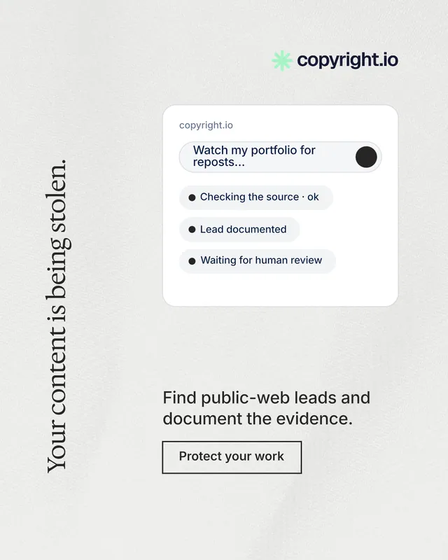 Instagram portrait post for copyright.io: "Your content is being stolen." Editorial style, vertical layout, light palette in white.