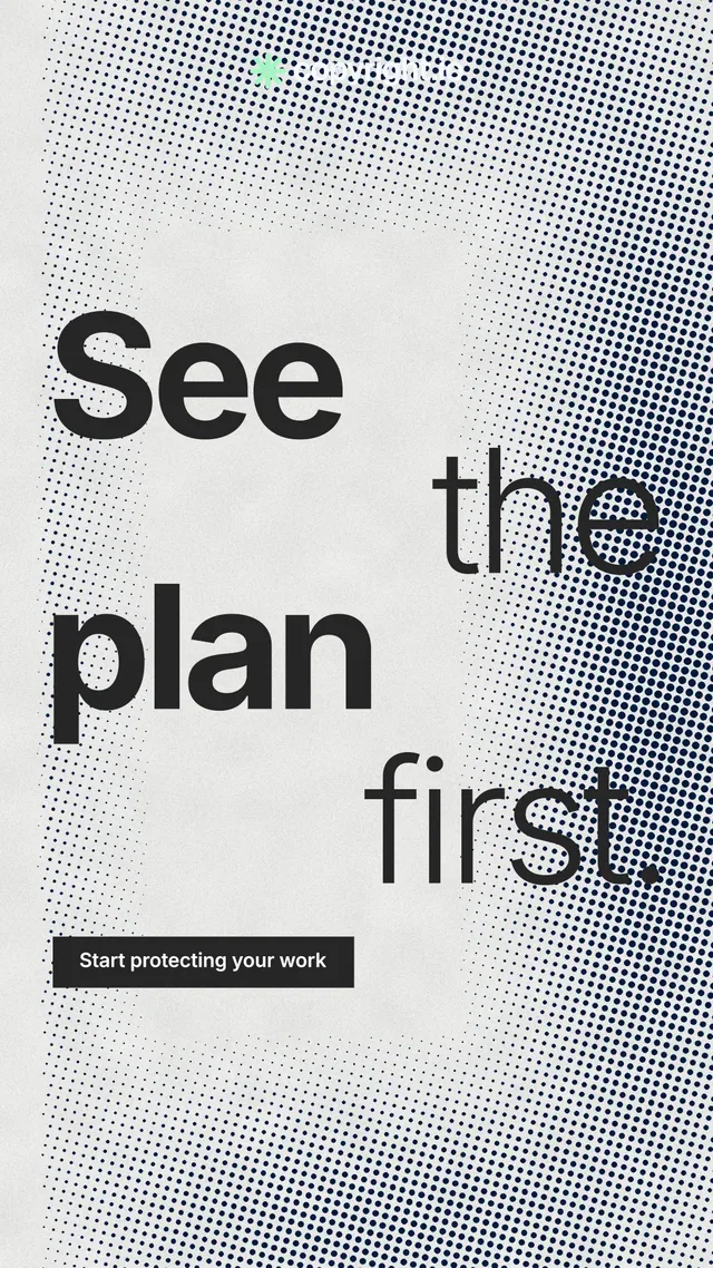 Instagram story for copyright.io: "See the plan first." Swiss style, stacked layout, light palette in grey, white.