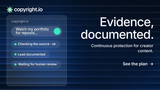 Landscape graphic for copyright.io: "Evidence, documented." Minimal luxury style, right layout, dark palette in blue, black.