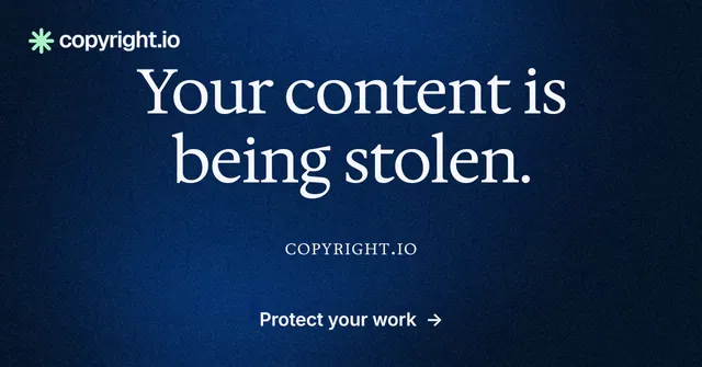 Social ad for copyright.io: "Your content is being stolen." Agentic glass style, smallcaps layout, dark palette in black, blue.