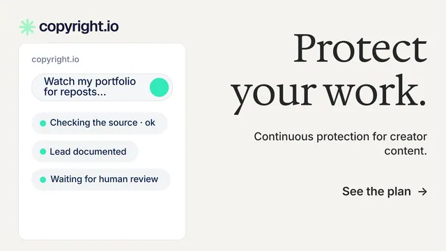 Landscape graphic for copyright.io: "Protect your work." Minimal luxury style, right layout, light palette in white, grey.