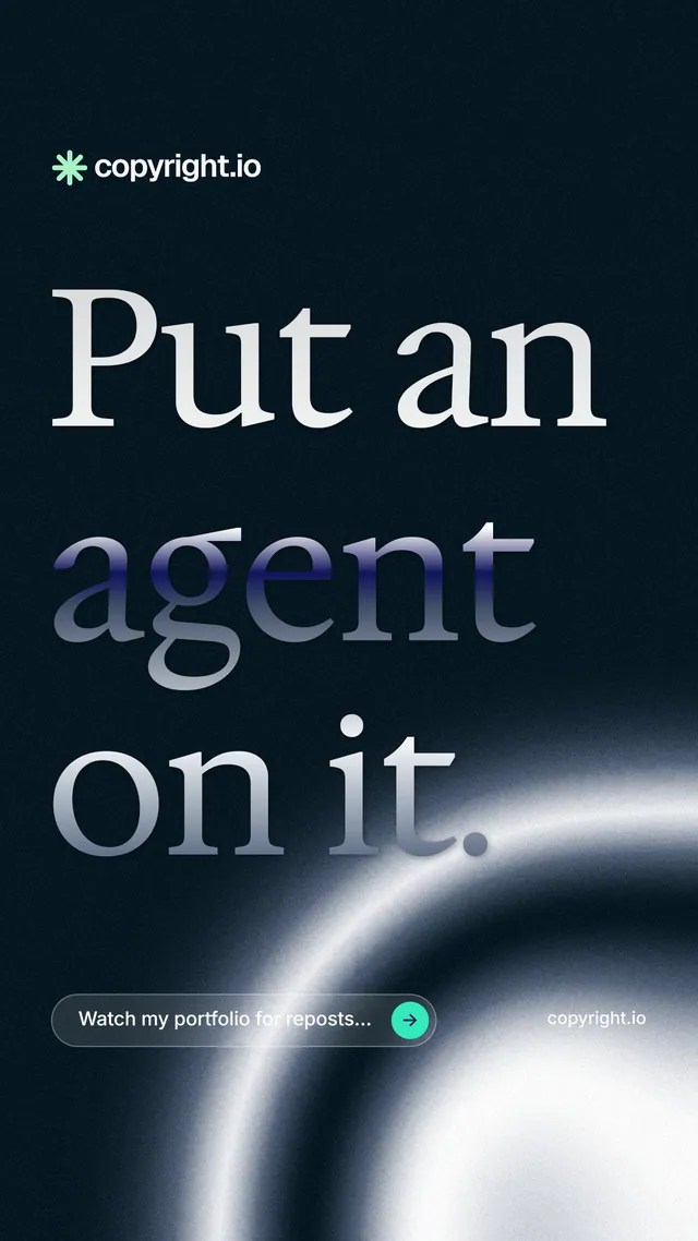 Instagram story for copyright.io: "Put an agent on it." Agentic glass style, poster layout, dark palette in black, white, grey.