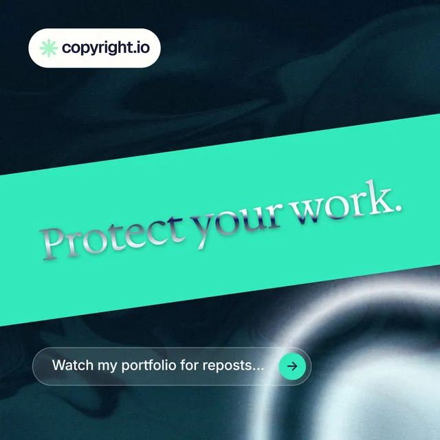 Instagram post for copyright.io: "Protect your work." Agentic glass style, diagonal layout, dark palette in black, teal, blue.