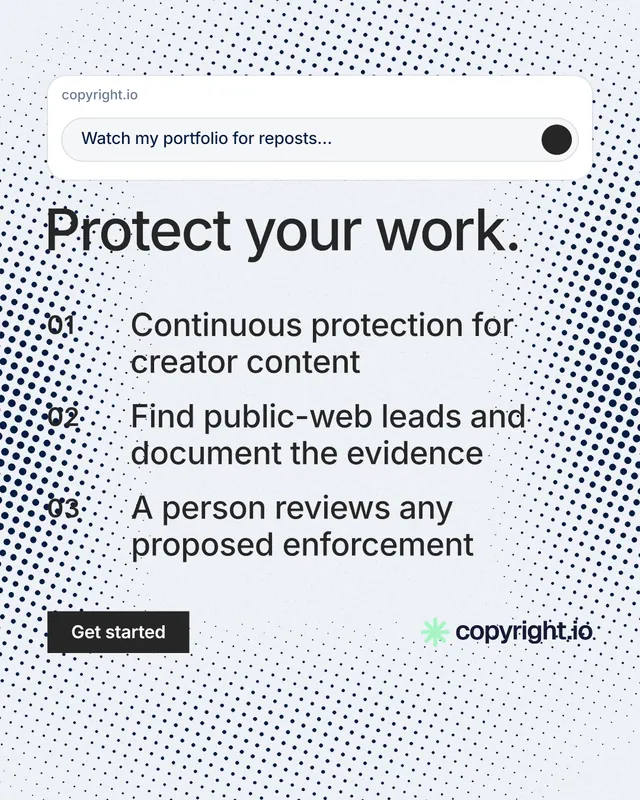 Instagram portrait post for copyright.io: "Protect your work." Split block style, numbered layout, light palette in blue, white, grey.