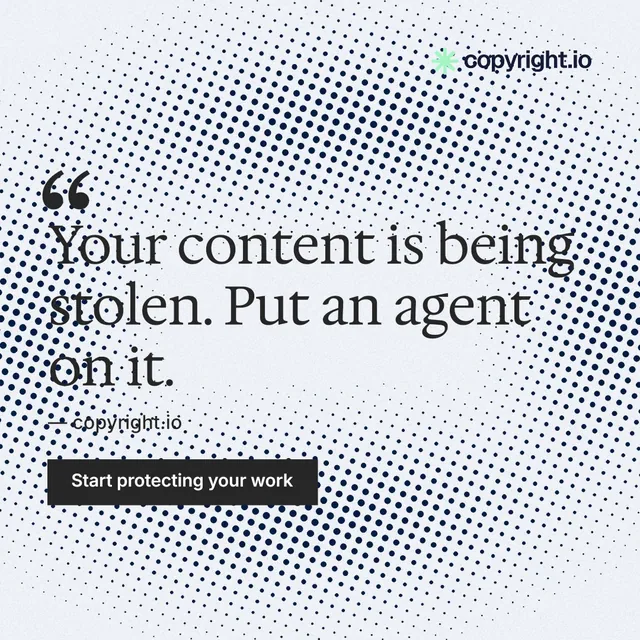 Instagram post for copyright.io: "Reposts don't remove themselves." Swiss style, quote layout, light palette in blue, white, grey.