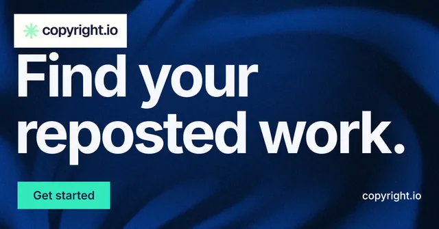 Social ad for copyright.io: "Find your reposted work." Swiss style, poster layout, dark palette in blue, black, teal.