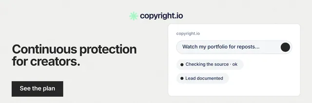 X header for copyright.io: "Continuous protection for creators." Swiss style, bottom layout, light palette in white, grey.