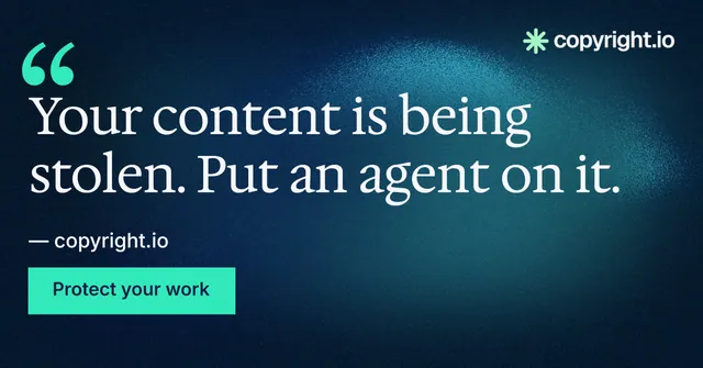 Social ad for copyright.io: "Your content is being stolen." Swiss style, quote layout, dark palette in blue, black, teal.