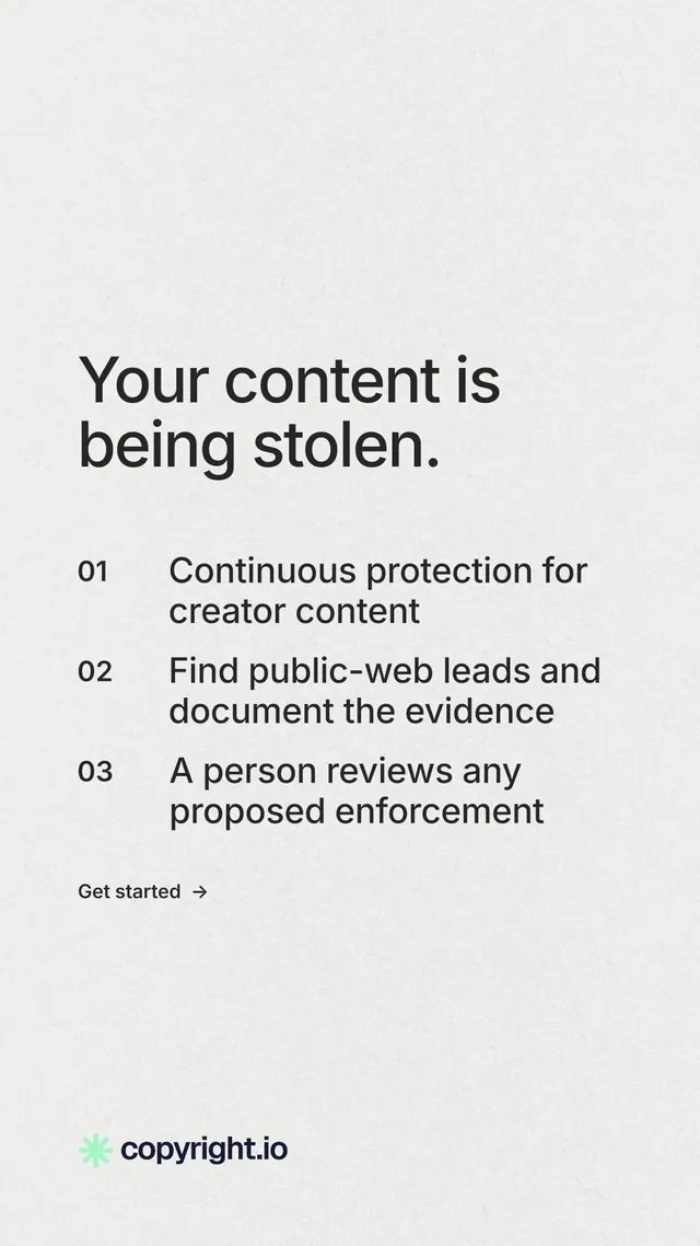 Instagram story for copyright.io: "Your content is being stolen." Minimal luxury style, numbered layout, light palette in white, grey.