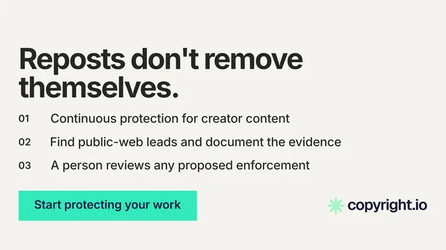 Landscape graphic for copyright.io: "Reposts don't remove themselves." Swiss style, numbered layout, light palette in white, teal, green.