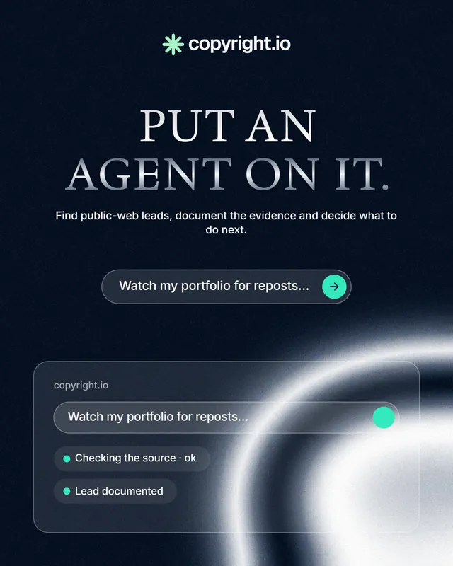 Instagram portrait post for copyright.io: "Put an agent on it." Agentic glass style, centred layout, dark palette in black, blue, grey.
