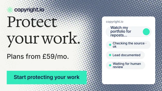 Landscape graphic for copyright.io: "Protect your work." Split block style, skeleton layout, light palette in grey, white, teal.