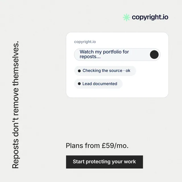 Instagram post for copyright.io: "Reposts don't remove themselves." Swiss style, vertical layout, light palette in white.