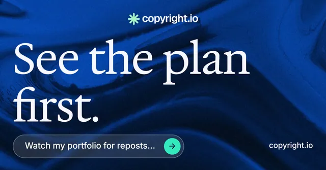 Social ad for copyright.io: "See the plan first." Agentic glass style, poster layout, dark palette in blue, black.
