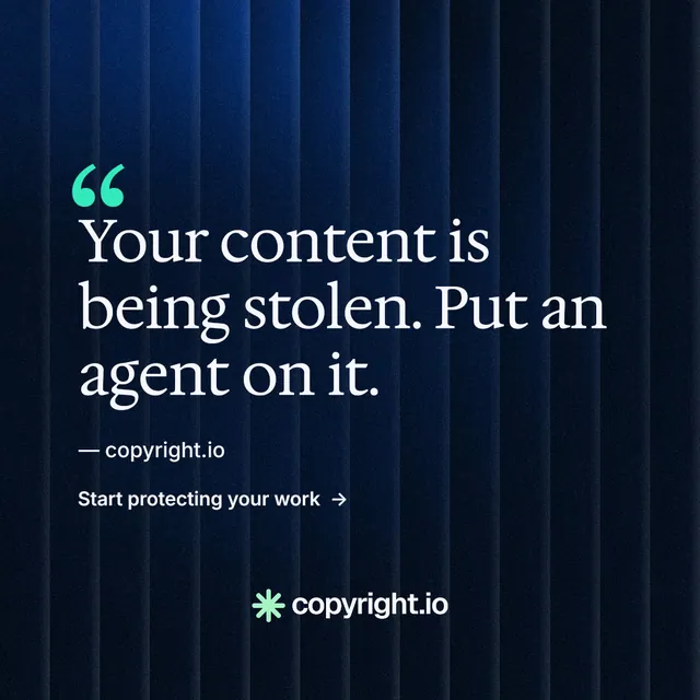 Instagram post for copyright.io: "Reposts don't remove themselves." Minimal luxury style, quote layout, dark palette in black, blue.
