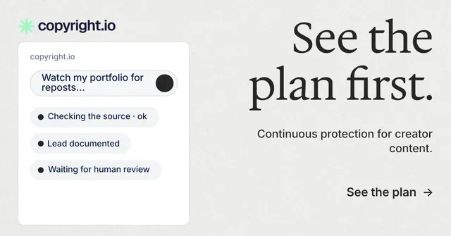 Social ad for copyright.io: "See the plan first." Minimal luxury style, right layout, light palette in white, grey.