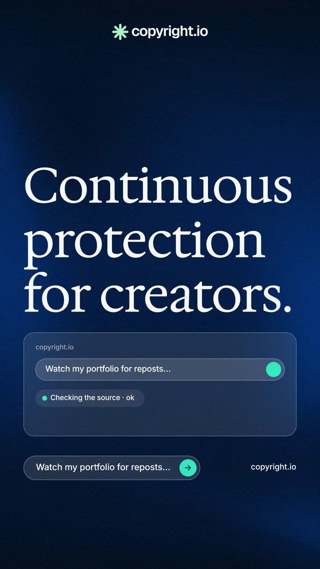Instagram story for copyright.io: "Continuous protection for creators." Agentic glass style, poster layout, dark palette in black, blue, grey.