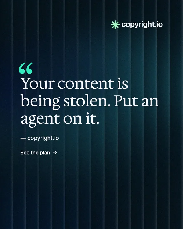 Instagram portrait post for copyright.io: "Your content is being stolen." Minimal luxury style, quote layout, dark palette in black, blue.