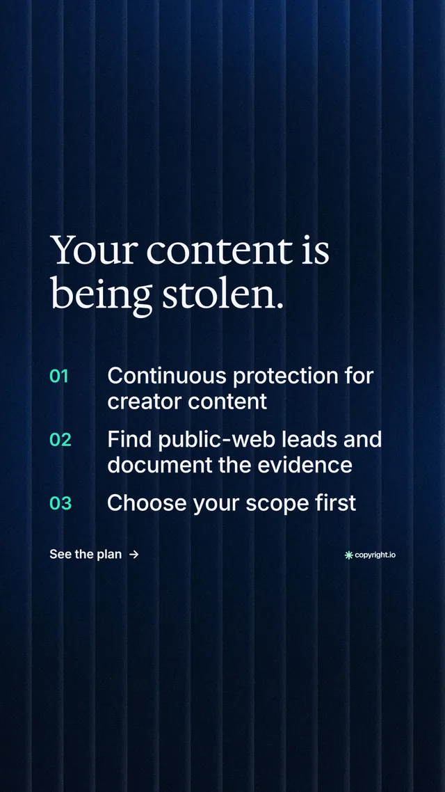 Instagram story for copyright.io: "Your content is being stolen." Minimal luxury style, numbered layout, dark palette in black, blue.