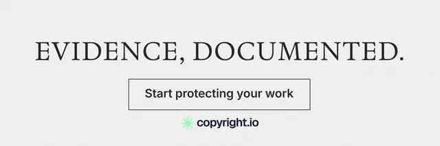 X header for copyright.io: "Evidence, documented." Editorial style, skeleton layout, light palette in white, grey.