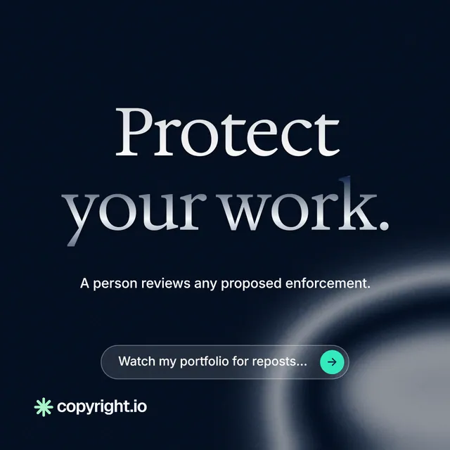 Instagram post for copyright.io: "Protect your work." Agentic glass style, centred layout, dark palette in black, grey, blue.