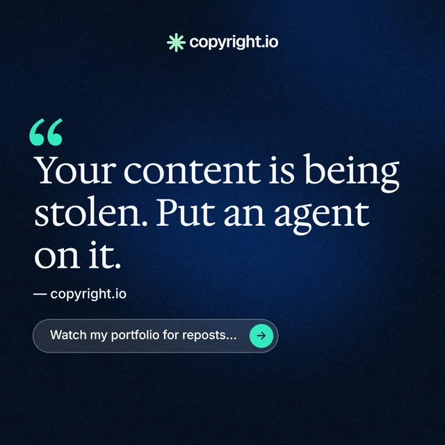 Instagram post for copyright.io: "Your content is being stolen." Agentic glass style, quote layout, dark palette in blue, black.