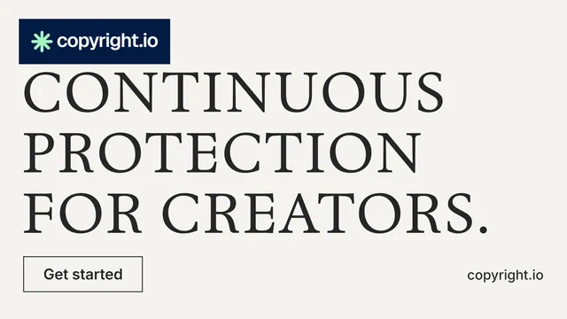 Landscape graphic for copyright.io: "Continuous protection for creators." Editorial style, poster layout, light palette in white, grey.
