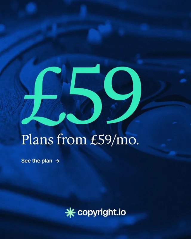 Instagram portrait post for copyright.io: "Protect your work." Minimal luxury style, stat layout, dark palette in blue, black.