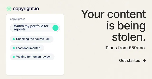 Social ad for copyright.io: "Your content is being stolen." Minimal luxury style, right layout, light palette in white.