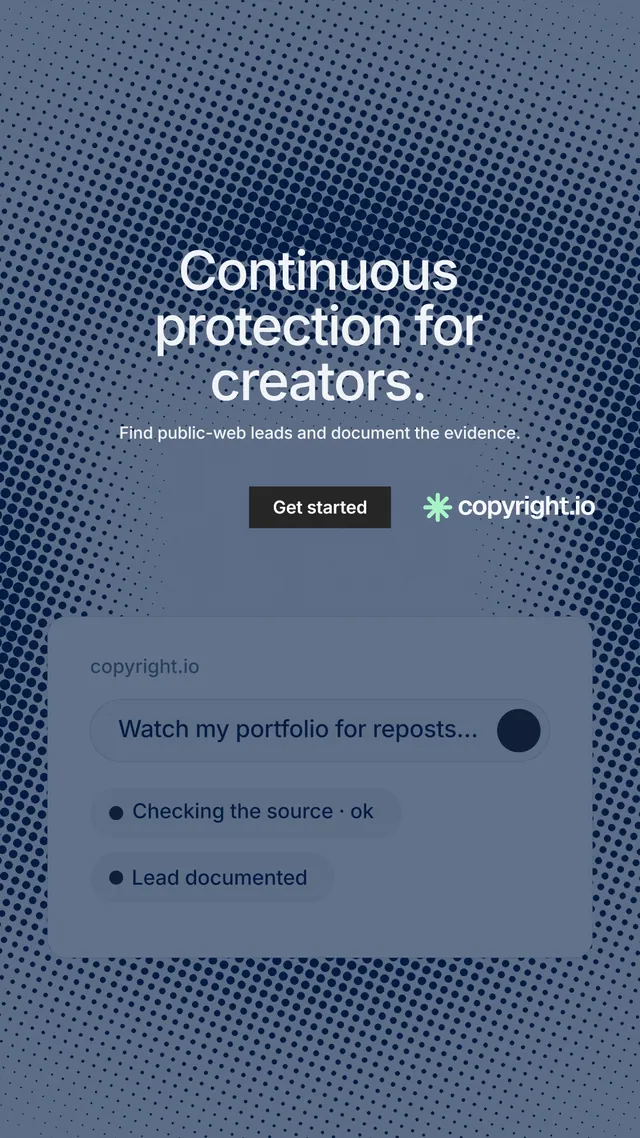 Instagram story for copyright.io: "Continuous protection for creators." Split block style, centred layout, dark palette in blue, grey.