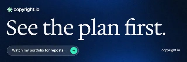 X header for copyright.io: "See the plan first." Agentic glass style, poster layout, dark palette in blue, black.