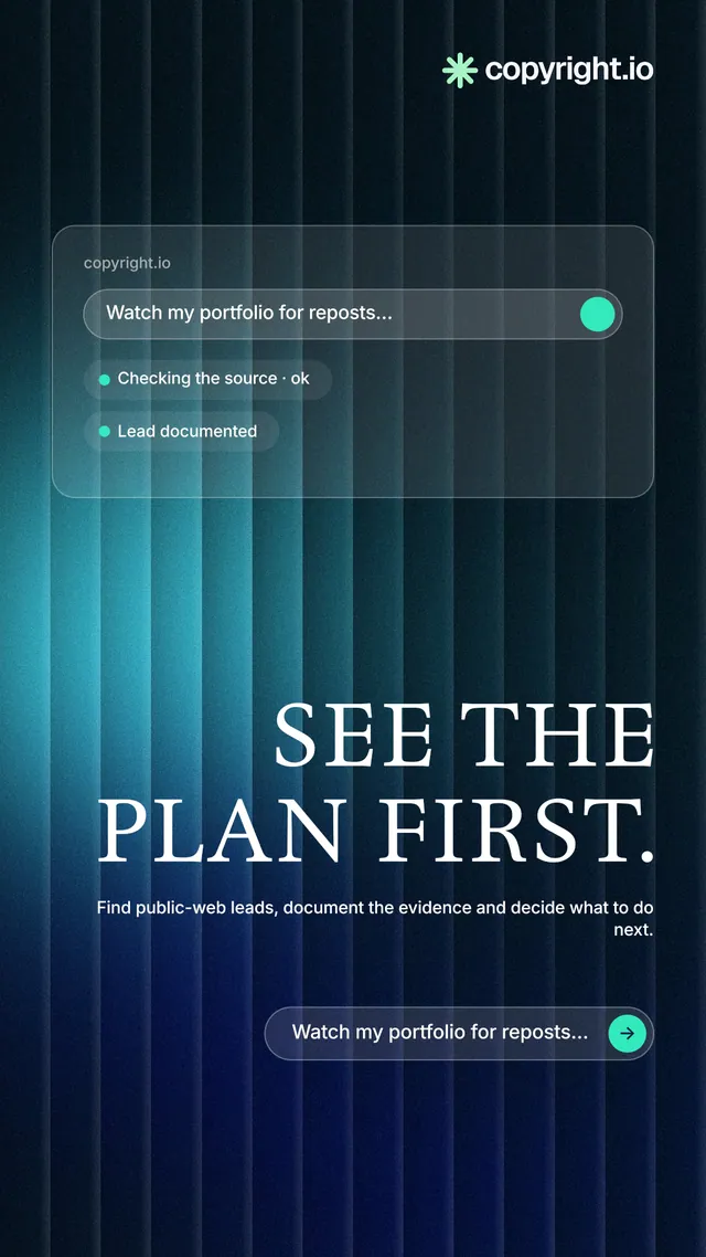 Instagram story for copyright.io: "See the plan first." Agentic glass style, right layout, dark palette in blue, black, teal.