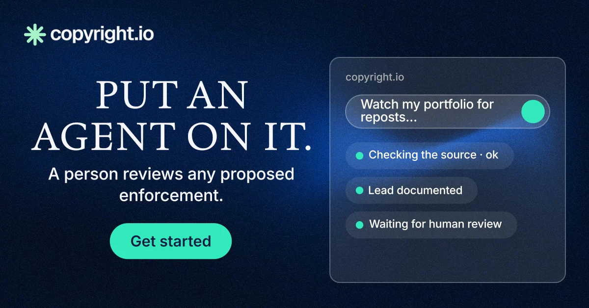Social ad for copyright.io: "Put an agent on it." Agentic glass style, skeleton layout, dark palette in black, blue.