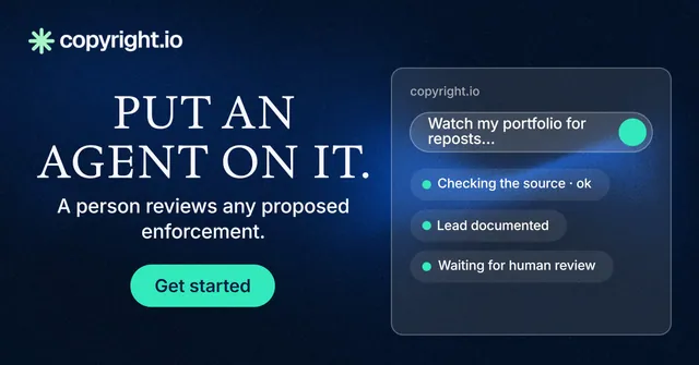 Social ad for copyright.io: "Put an agent on it." Agentic glass style, skeleton layout, dark palette in black, blue.