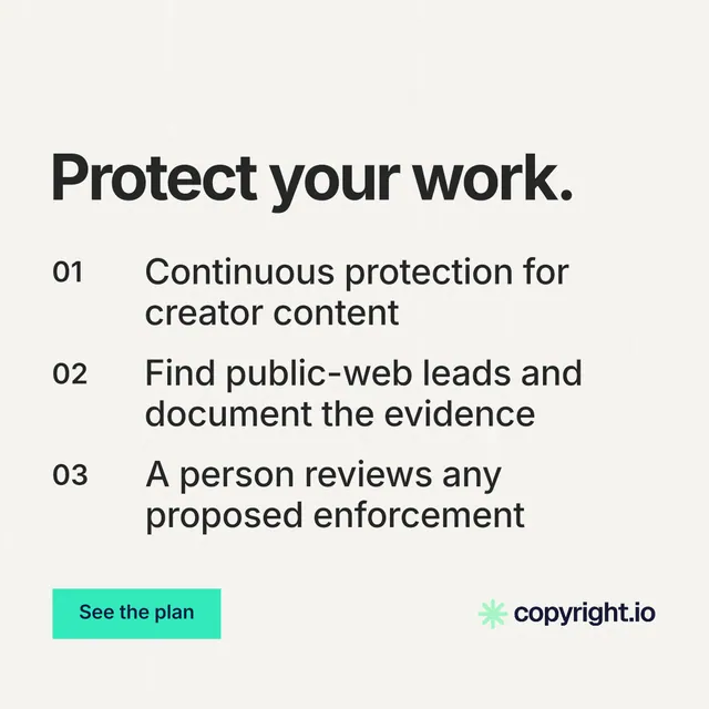 Instagram post for copyright.io: "Protect your work." Swiss style, numbered layout, light palette in white, grey.