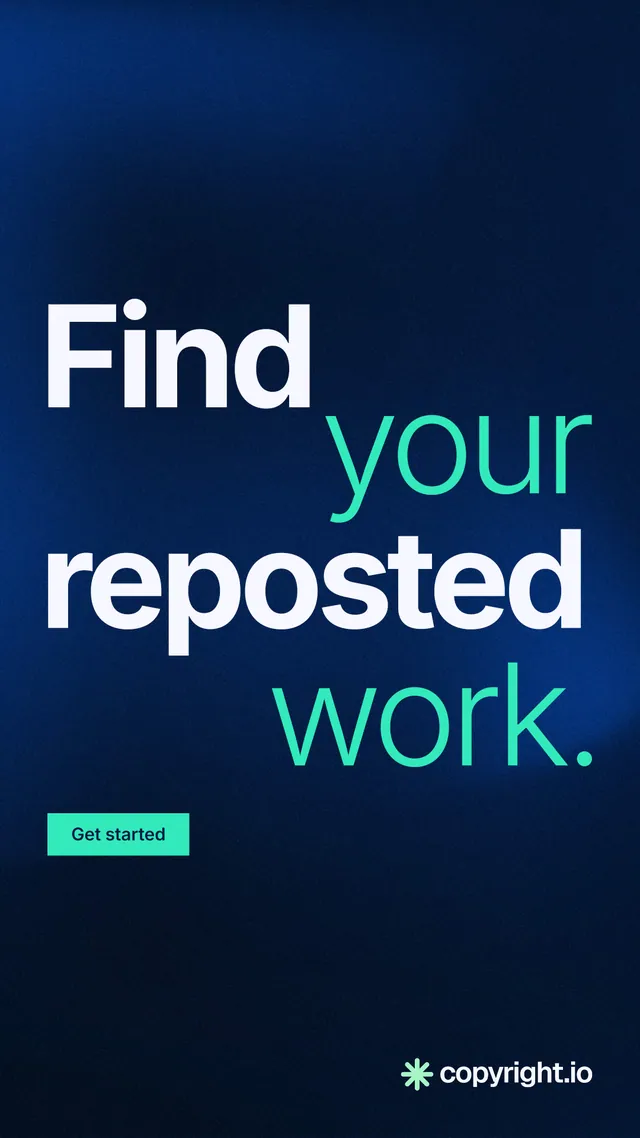 Instagram story for copyright.io: "Find your reposted work." Swiss style, stacked layout, dark palette in blue, black, teal.