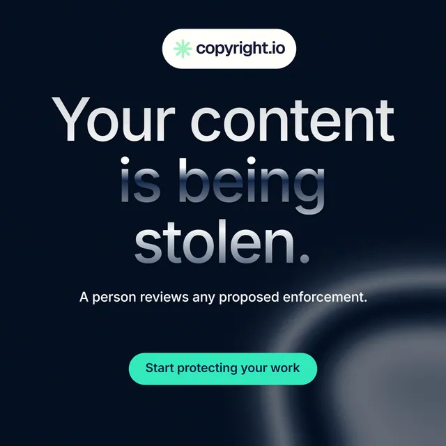 Instagram post for copyright.io: "Your content is being stolen." Y2K style, centred layout, dark palette in black, grey, blue.