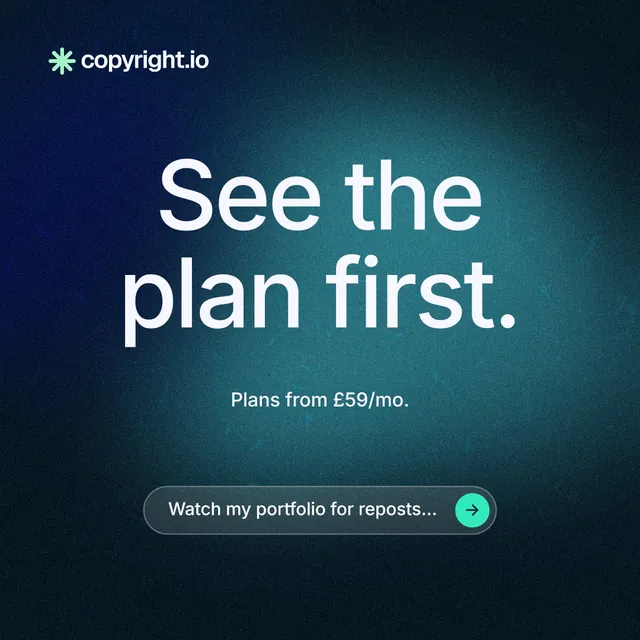 Instagram post for copyright.io: "See the plan first." Agentic glass style, centred layout, dark palette in teal, black.
