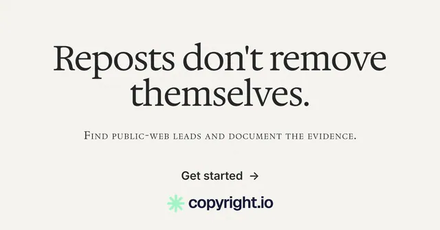 Social ad for copyright.io: "Reposts don't remove themselves." Swiss style, smallcaps layout, light palette in white, grey.