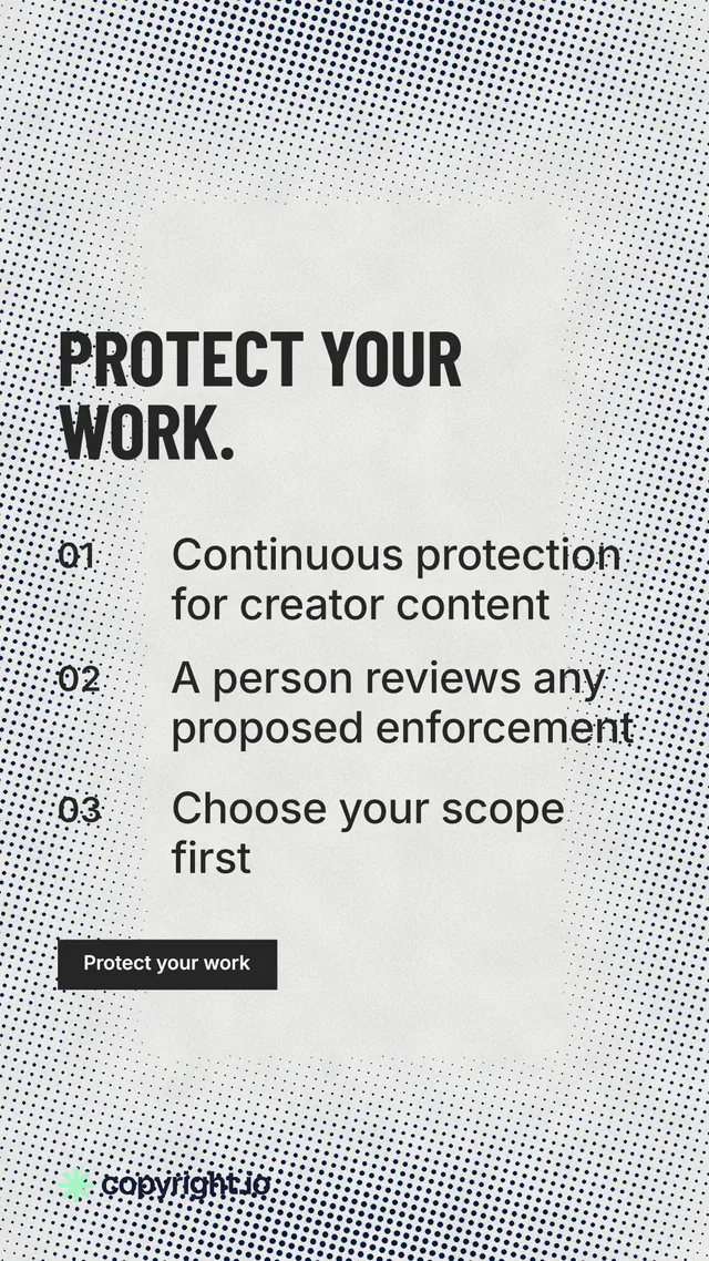 Instagram story for copyright.io: "Protect your work." Retro print style, numbered layout, light palette in white, grey.